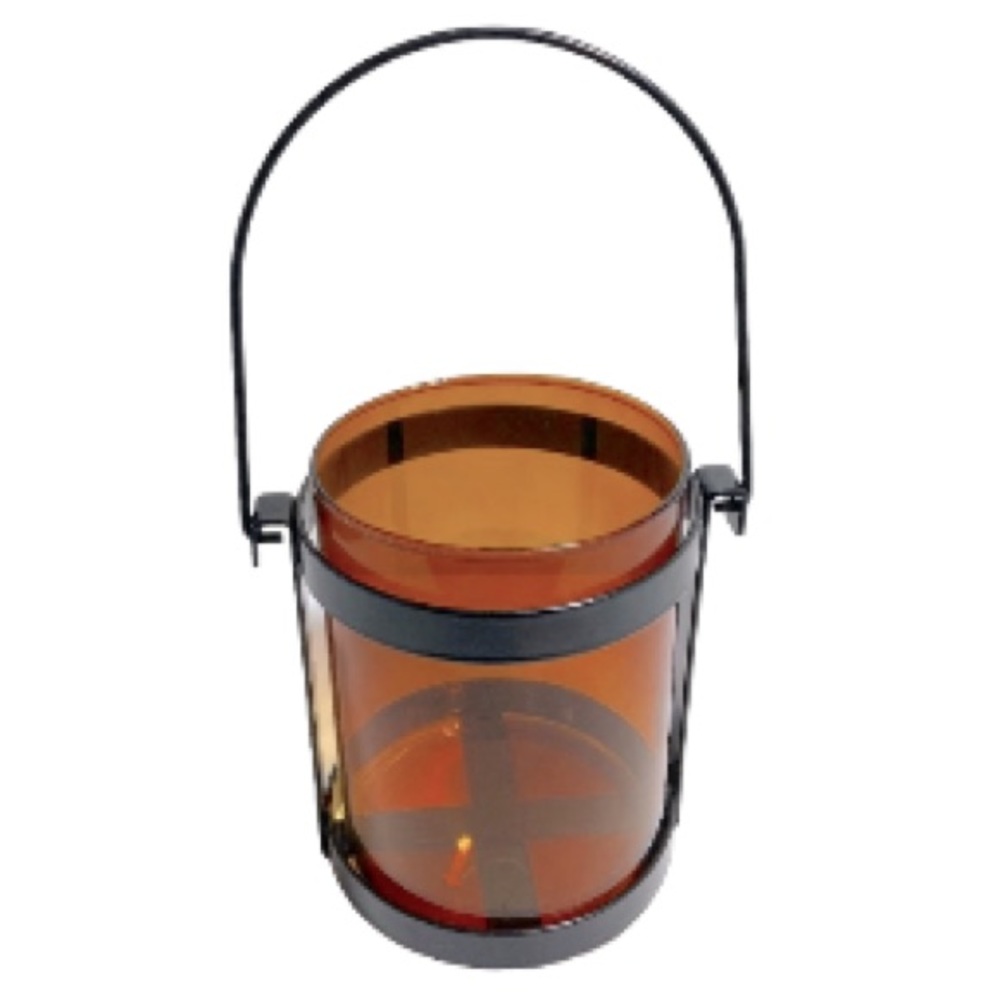 Glass Hurricane Lantern Vase with Metal Holder Hanger Amber 3.75 x 5 inches